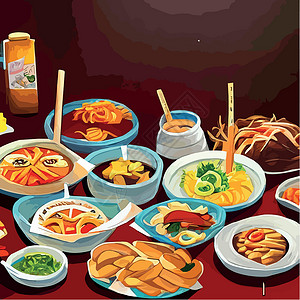 桌子素食主义者亚洲食物刻在桌子上 面盘放在风景最顶端 食品菜单设计配熟面条矢量插图卡片沙拉厨房酱油美食午餐横幅油炸餐厅插画