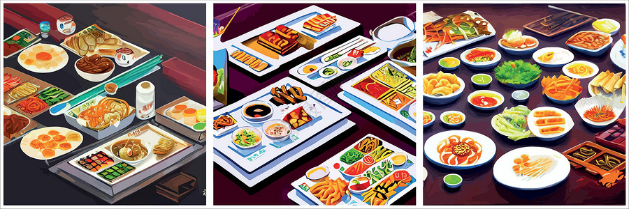 筷子夹着大虾餐桌上刻着一套亚洲食品 最顶端是面条盘 菜菜单设计配熟面条食物美食盘子烹饪横幅牛扒餐厅家庭收藏桌子设计图片