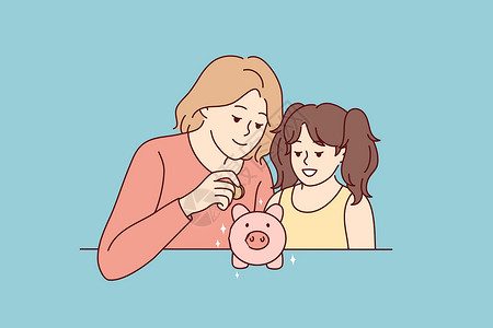 母亲和孩子形象母亲和女儿把硬币放进小猪银行设计图片