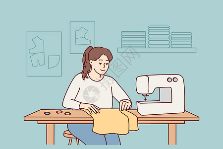 服装设计师在工作室工作在机器上缝制女裁缝插画
