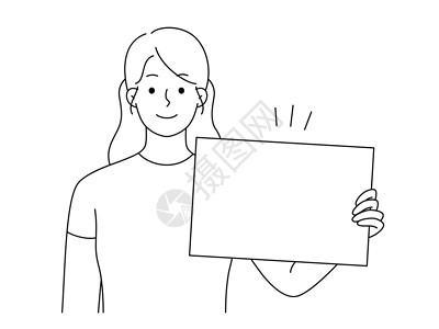 专业的消费主义年轻女性持有模拟标牌手势快乐微笑空白工作广告推介会消费者销售交易插画