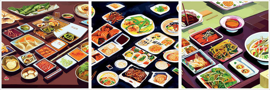 东亚桌子餐桌上刻着一套亚洲食品 最顶端是面条盘 菜菜单设计配熟面条桌子厨房海报柠檬筹码食物插图牛肉美食框架插画