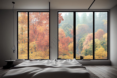 秋天窗户白色的时髦最起码的卧室 窗边有秋天风景背景