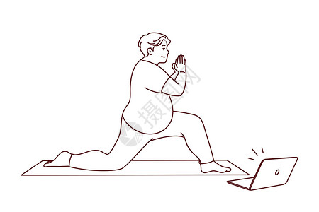 胖子瑜伽胖子用网上课程玩游戏程序技术插图病人视频男人活动网络互联网饮食插画