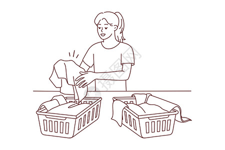 主妇洗衣服妇女在篮子中洗衣服洗涤剂卫生组织服务洗衣店卡通片清洁度家政女性打扫插画
