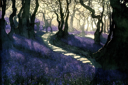 清晨日出时穿过紫蓝铃树林的路径背景图片
