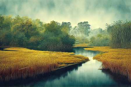 河流 有 树木反映水彩色的手工画插图高清图片