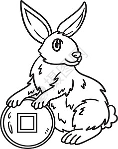 寻找幸运兔养兔的中国硬币单色插画