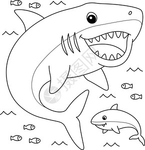 手绘长尾鲨Megalodon 儿童动物彩色页面插画