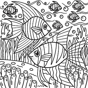 孩子们的天使鱼彩色页面幼儿园水族馆彩页异国教育儿童填色海洋动物游泳背景图片