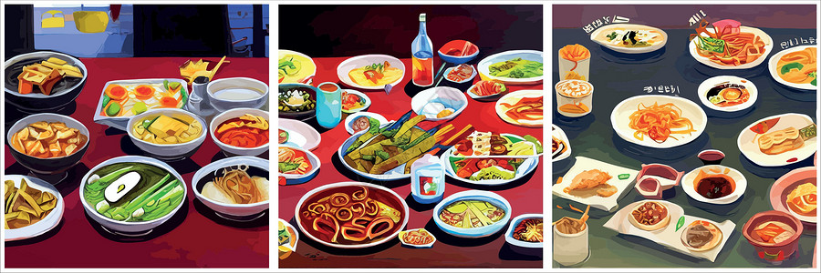 东亚桌子餐桌上刻着一套亚洲食品 最顶端是面条盘 菜菜单设计配熟面条牛肉厨房筹码桌子午餐早餐盘子酱油美食卡片插画