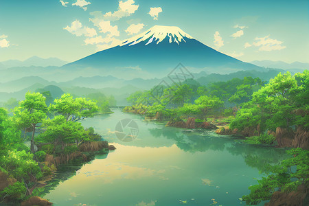 日本动画壁纸 上面有美丽的粉红樱桃树和背景的藤山卡通片数字观光绘图绘画吸引力地标反射全景插图背景图片