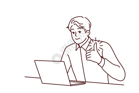 以笔记本电脑表演拇拇指做生意人笑脸用户工作供应商绘画商业微笑自由职业者快乐商务男性设计图片