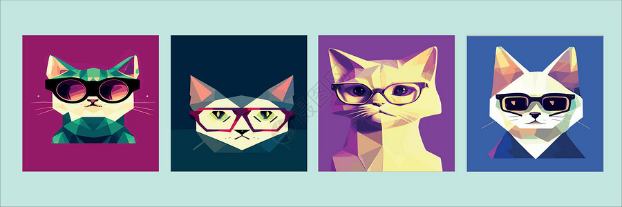 幼稚的艺术一套方形海报 手画一只猫在带有太阳镜的几何多边形上的肖像 矢量孤立元素眼镜小猫绘画墙纸立体声女孩收藏动物打印插图插画