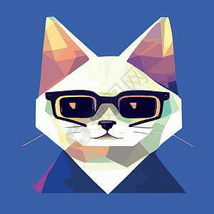 在带有太阳镜的几何多边形上手工绘制一只猫的肖像 矢量孤立元素 带眼镜的猫 打印公主宠物动物绘画艺术插图小猫青少年猫咪潮人背景图片