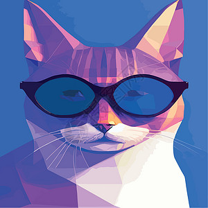 在带有太阳镜的几何多边形上手工绘制一只猫的肖像 矢量孤立元素 带眼镜的猫 打印插图花圈猫咪胡子青少年草图小猫绘画配件宠物背景图片