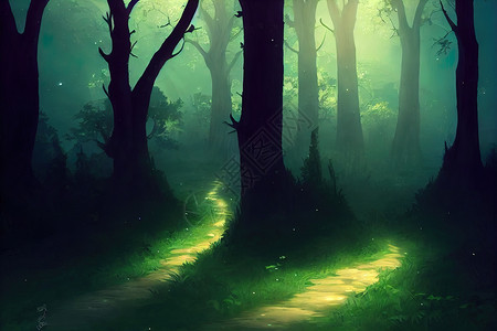 炫彩魔法光效夜晚美丽的森林和可爱的野兽在一起 幻想背景