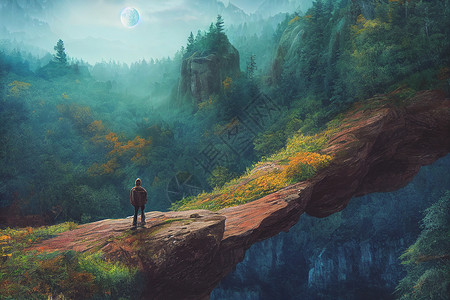 无畏的旅行者站在悬崖上 俯视秋天的森林和高雅的浅蓝山脉远足者男人岩石太阳探索游客爬坡风景假期活动背景图片