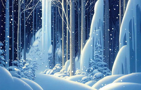 冬季森林中的瀑布 多雪的冬天森林瀑布 高质量的二维插图背景图片