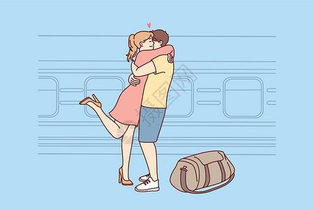 自行车上恋人在火车站愉快的一对夫妇拥抱会插画