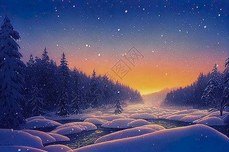 2d树的素材森林河的冬季黎明 雪林河 质量高的2D插图背景
