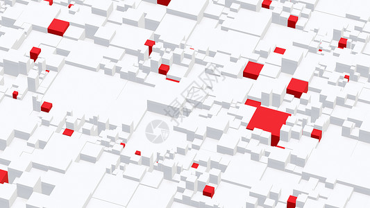 红色级别警报声白方和红色立方体的背景在不同级别移动 3D 投影插图房间正方形盒子技术网格渲染石头3d蓝图马赛克背景