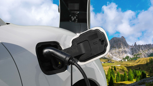 由EV车在边远山上带充电站的渐进旅行概念冒险车站充电器引擎电池绿色充值插头旅行环境背景图片