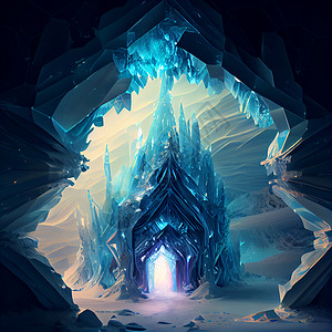 冰洞和蓝白水晶 以城堡的形式 有水晶石笋蓝色石英旅行岩石场景冰柱玻璃宝石冒险背景