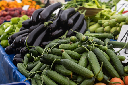 市场上的绿黄瓜和紫色茄子高清图片