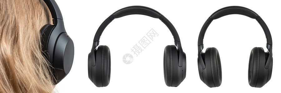 耳机在白色隔离 黑色 高品质 隔离在白色背景中的无线耳机 用于广告或产品目录 套从不同的角度的耳机电气塑料工作室手机配饰照片声学背景图片