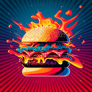 快速拿证海报蒂尔波普艺术中的彩色汉堡蔬菜艺术家贴纸面包食物卡片旗帜海报卡通片背景背景