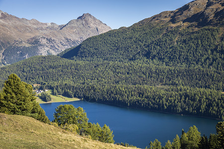 西纳尼察湖位于瑞士格劳本登州恩加丁市的St Moritz湖上方旅行天空假期山峰旅游文化自然冰川草地全景背景