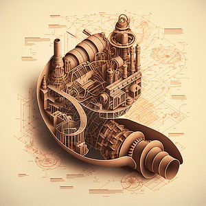 3维素材一个不寻常的蒸汽池城市的三张D图 一张城市图绘画旅行齿轮草图地标街道蓝图历史文明艺术背景