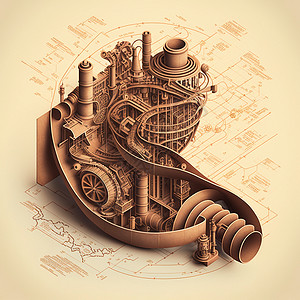 一个不寻常的蒸汽池城市的三张D图 一张城市图建筑旅行街道文明蒸汽齿轮机器景观艺术地标背景图片