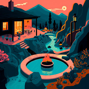 浮世绘山中温泉的插图蓝色假期横幅广告水池饮料旅游酒精山脉猕猴背景