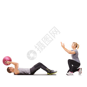 男人和女人通过把药丸球传给对方来锻炼自己的腹肌 - 是的 但是背景图片