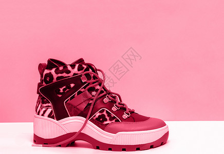 粉红色背景的流行时尚鞋 复制空间 - 是的 女士们!背景图片