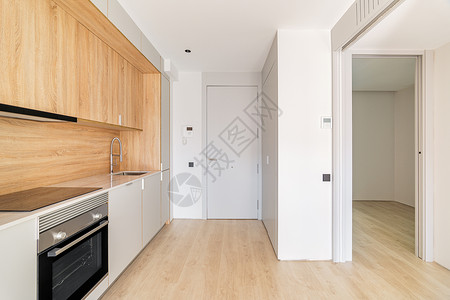 简便的小型组合式厨房区 沿墙在前门旁边的棚屋公寓和一间空卧室的门外 用许多柜子来装设最低要求背景图片