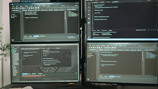 web前端工程师带有显示终端窗口和人工智能的多个显示器的多监视器服务台背景