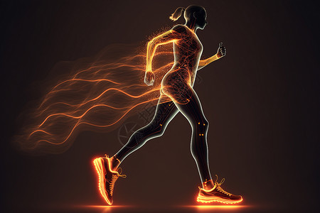 骨骺线女人以发光线的形式在黑暗的背景上奔跑 一个女人做运动的数字合成 运动理念背景