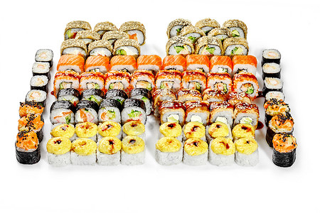 白色背景的日本各种大片寿司卷(大型)高清图片