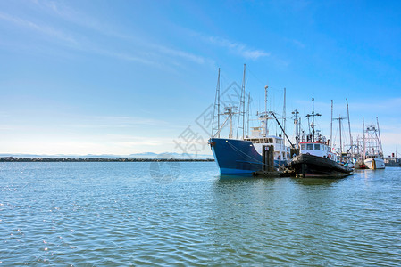 在海洋码头停泊的小型拖网渔船和拖船高清图片