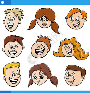 微笑露齿儿童与青少年卡通人物脸套图插画
