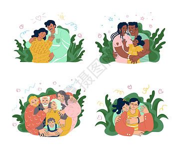 白种人美国人四个幸福的家庭拥抱 拉丁美洲人 非裔美国人 欧洲人 白种人 亚洲人 为人父母 怀孕 夫妻 老人和年轻人在一起 涂鸦风格矢量图插画