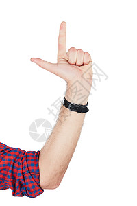 经典摇手指摄影棚拍到一个男人用手指和白色背景 展示二号人物的镜头 他被裁剪了背景