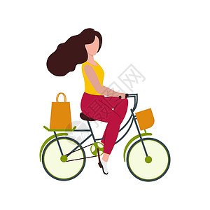 扁平人物矢量一个漂亮的女孩骑着自行车去商店购物 健康生活方式 骑自行车 运动的概念 食物的运送 矢量卡通平面插画背景