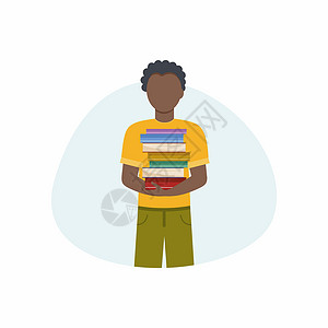 一个黑人拿着一叠书 一个人在图书馆 书店 适合家庭学习 阅读和科学研究的文学作品 矢量平面插画插画