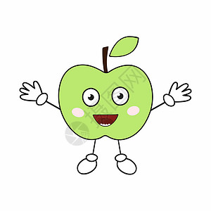 苹果emoji快乐的绿色苹果 有双大眼睛和双手 有趣的水果Emoji微笑笑脸贴纸漫画叶子卡通片网络社交食物符号插画