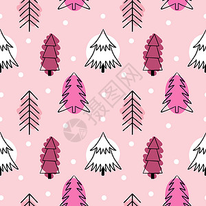 圆形树木画粉红无缝 有可爱的圣诞树 Doodle风格的树木 布料 壁纸 包装纸上的印刷背景背景