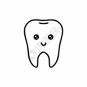 滑稽的牙齿 一张可爱的脸 儿童牙科主题的矢量插图 口腔的健康和卫生 用黑线手工绘制的一颗牙齿图片